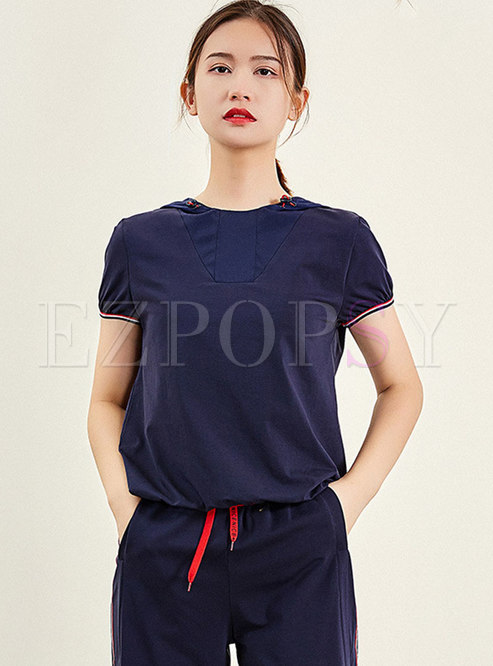 Casual Color-blocked Hooded Tied T-shirt