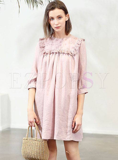 Embroidered Pure Color Linen Shift Dress