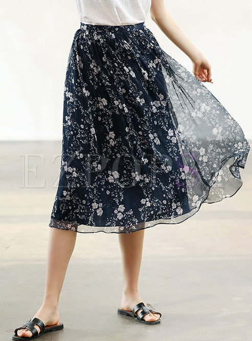Vintage Print Silk High Waist Skirt