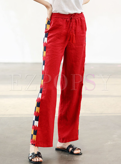 Ethnic Embroidered Splicing Linen High Waist Pants