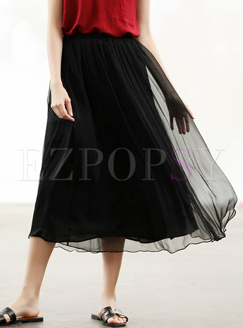 Casual Black Silk Elastic Waist Skirt
