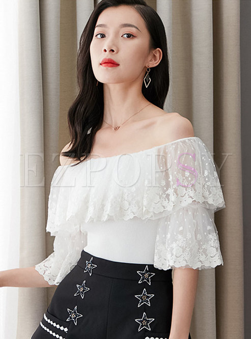 Slash Neck Embroidered Lace Splicing Knit