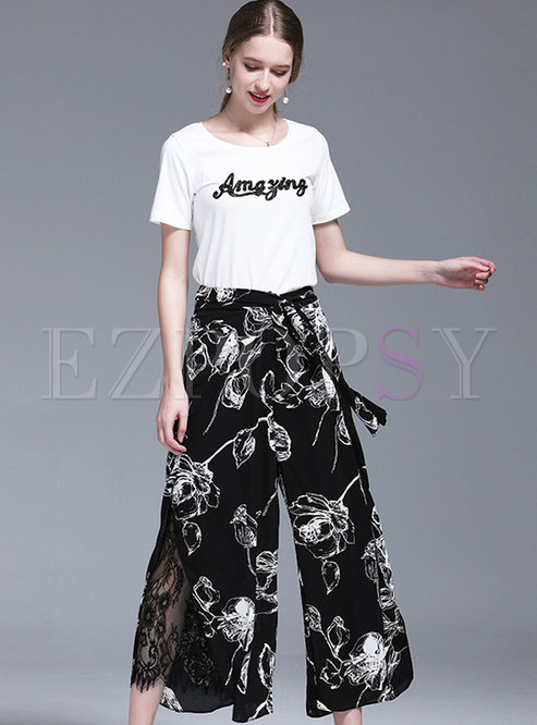 Letter Embroidered T-shirt & Lace Splicing Print Pants