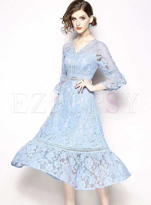 Sweet V-neck Hollow Out Perspective Lace Dress