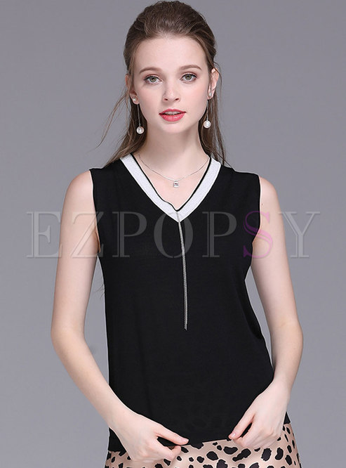 V-neck Sleeveless Tassel All-matched Knitted Top