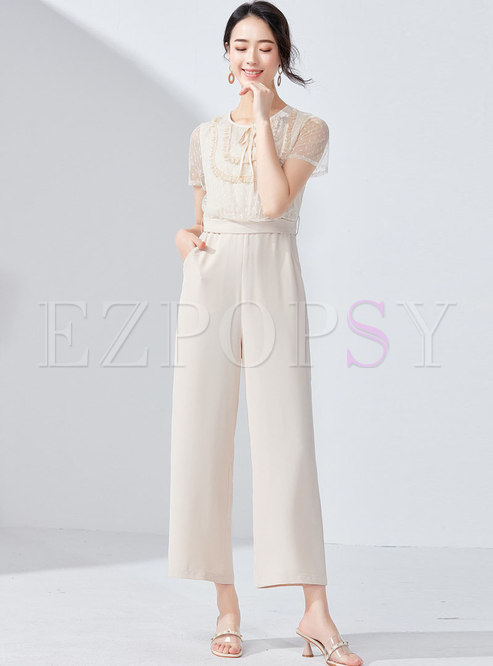 Brief Lace Mesh Splicing Tied Apricot High Waist Jumpsuit