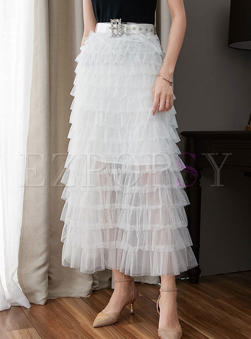 Skirts | Skirts | Stylish Solid Color Belted Mesh Cake Skirt