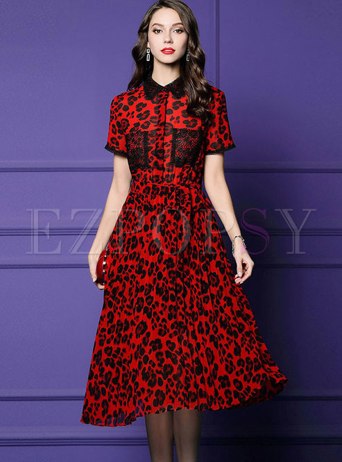 Lapel Short Sleeve Leopard High Waist Dress