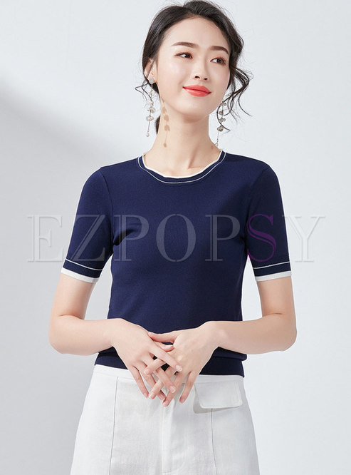 Brief O-neck Short Sleeve Navy Thin Knitted Top
