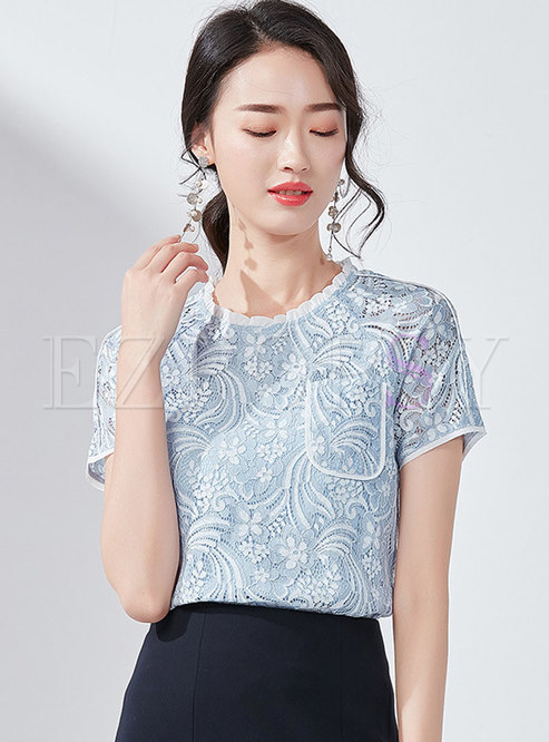 Lace O-neck Hollow Out Blue T-shirt