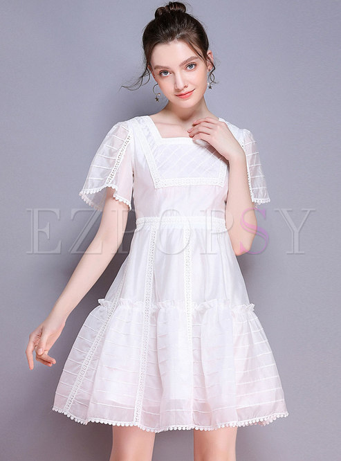 Dresses | Skater Dresses | Square Neck Gathered Waist White Skater Dress