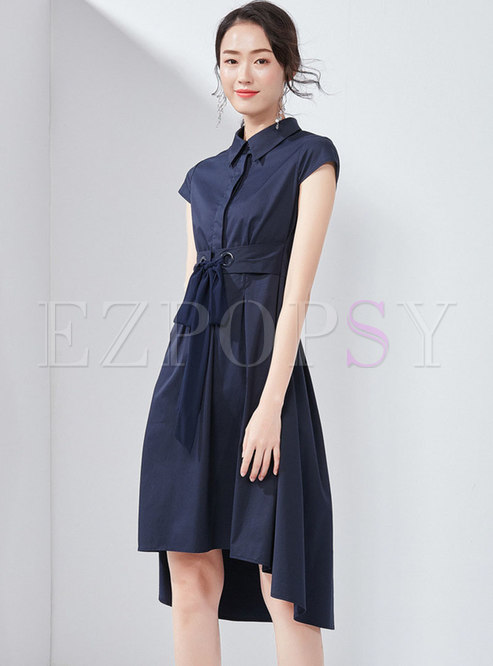 Solid Color Lapel Tie-waist Asymmetric Dress