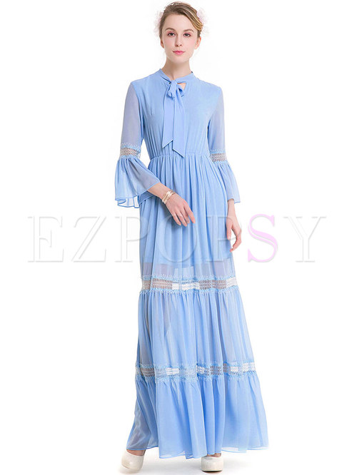 Vintage O-neck Big Hem Sky Blue Chiffon Maxi Dress