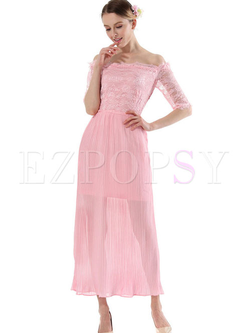 Stylish Solid Color Lace Splicing Chiffon Dress