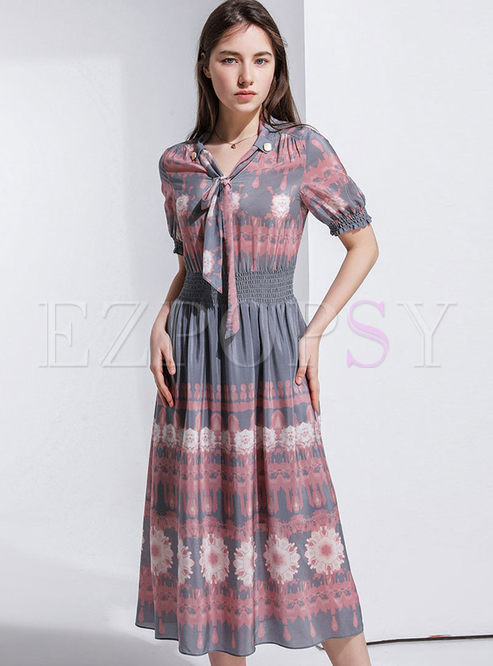 Fashion V-neck Tied Elastic Waist Print Dress