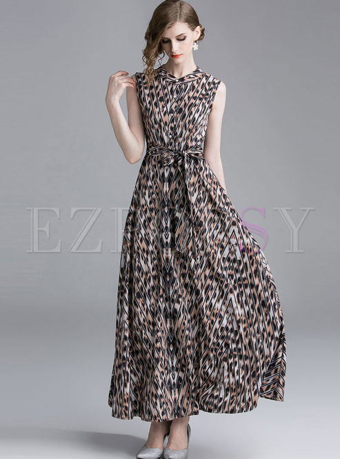 Crew Neck Sleeveless Leopard Print Maxi Dress