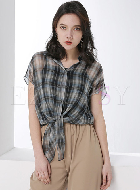 Stylish Plaid Tied See-through Loose Blouse 