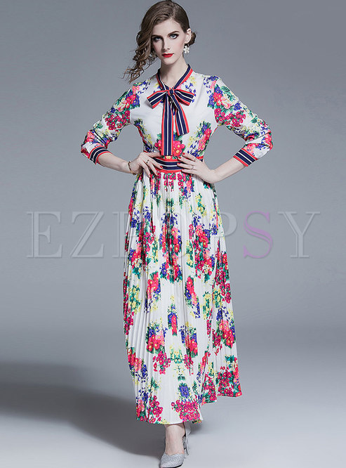 Dresses | Maxi Dresses | Print Bowknot High Waist Pleated Maxi Dress