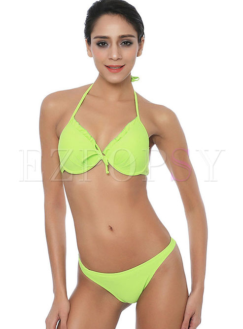 Sexy Halter Solid Color Gathered Bikini