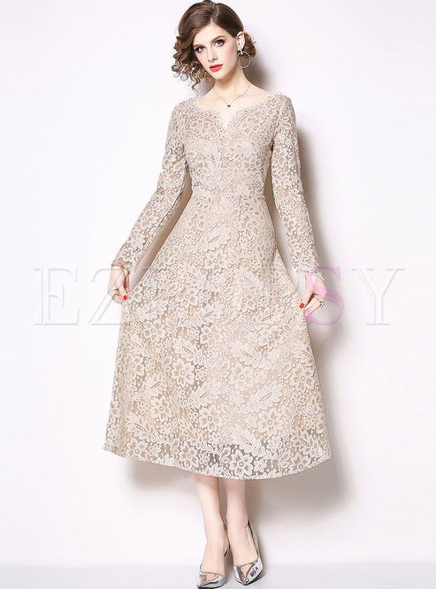 V-neck Long Sleeve Openwork Lace Bridesmaid Dress