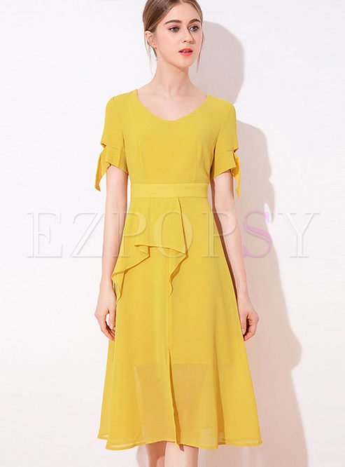 V-neck Short Sleeve Solid Color A Line Dress