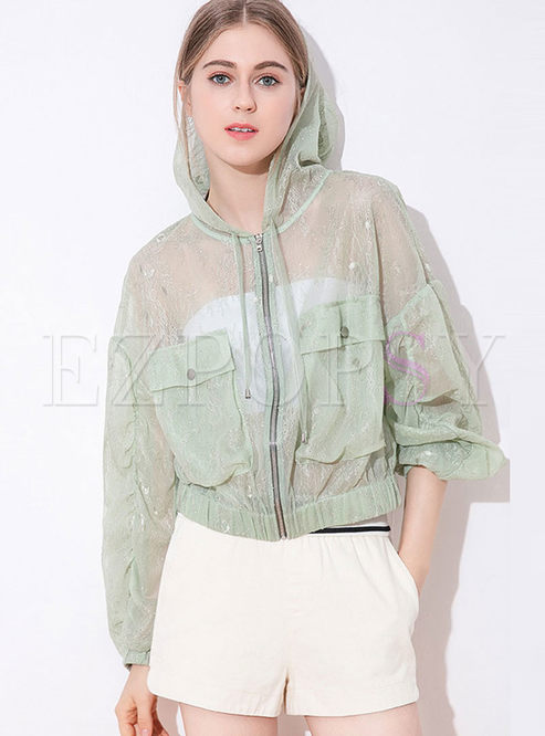 Fashion Hooded Perspective Lace Thin Coat