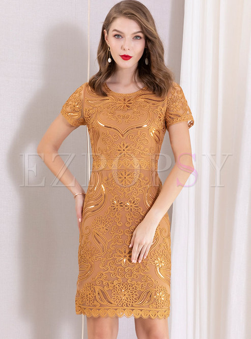 Chic Embroidered O-neck Bodycon Dress
