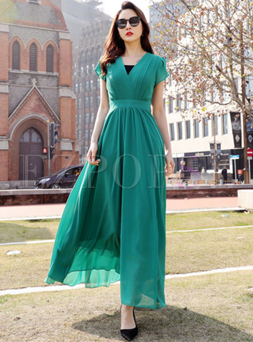 Stylish Pure Color V-neck Big Hem Maxi Dress