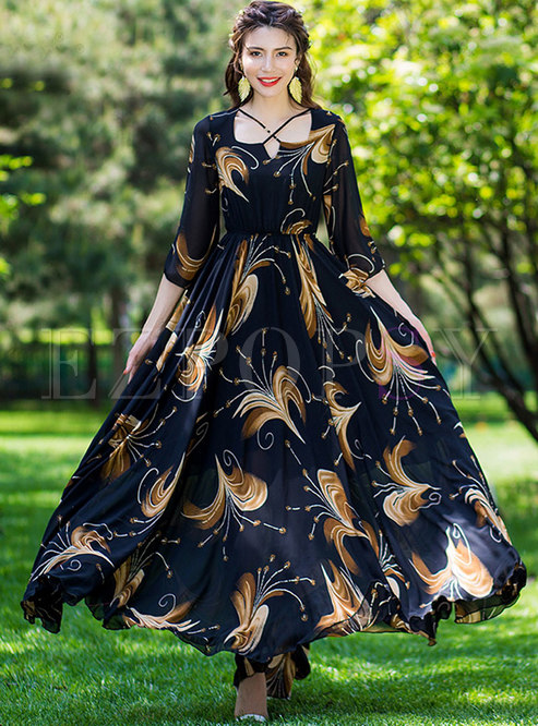 Vintage Summer High Waist Print Maxi Dress