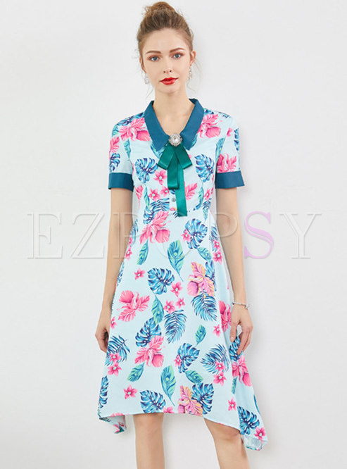 Chic Print Lapel Bowknot Asymmetric Dress