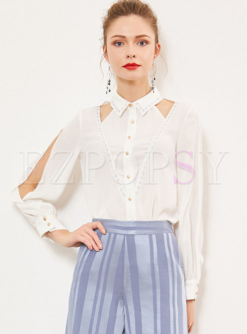Chic Lapel Embroidered Hollow Out Blouse