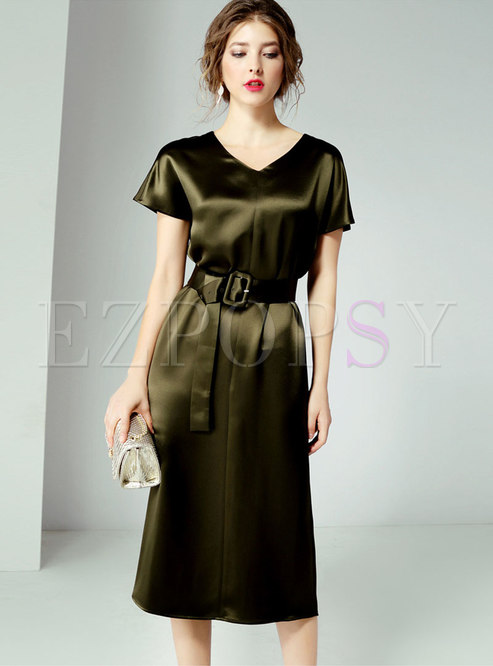 Elegant V-neck Solid Color Belted Bodycon Dress