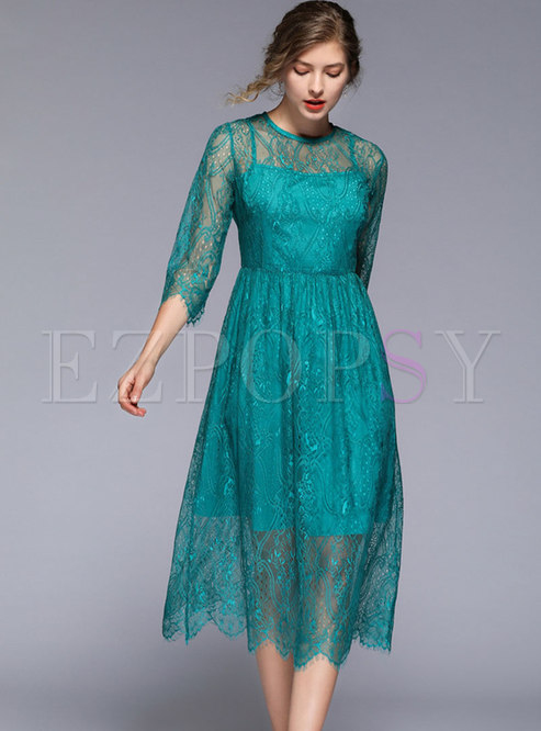 Dresses | Skater Dresses | Pure Color Lace High Waist A Line Dress