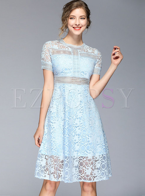 Lace Stand Collar Hollow Out Slim Midi Dress