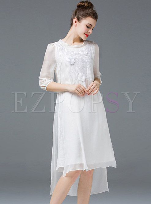 Elegant Pure Color Irregular Embroidered Shift Dress