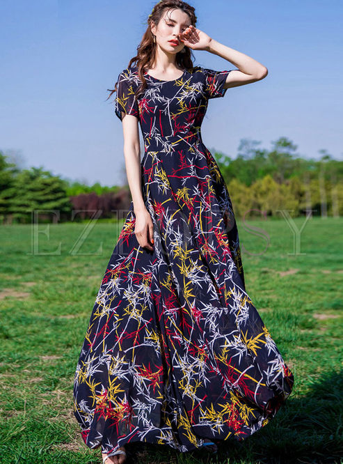 Dresses | Maxi Dresses | Bohemian High Waist Print Big Hem Chiffon Dress