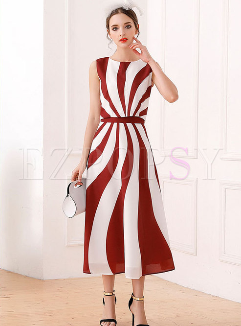 Sleeveless O-neck Striped Tank & High Waist Skirt