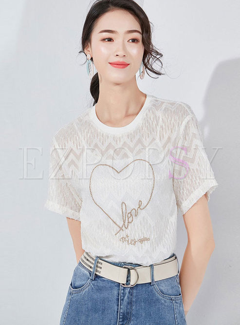 Sweet Perspective Heart Embroidered T-shirt With Cami