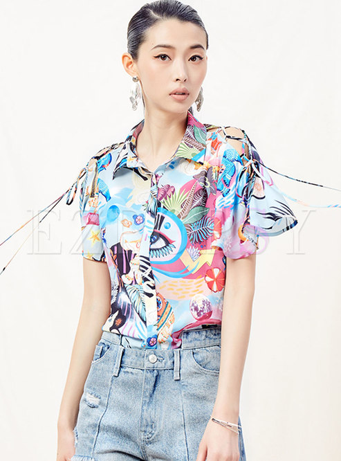 Stylish Print Lapel Tied Single-breasted Blouse