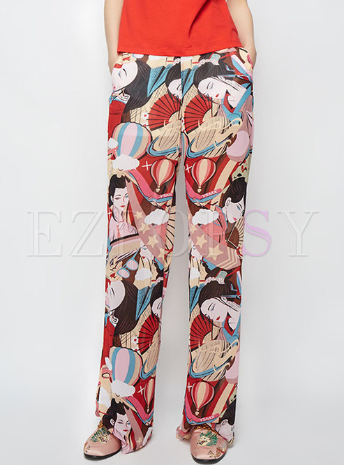 Chic Color-blocked Print Straight Pants 