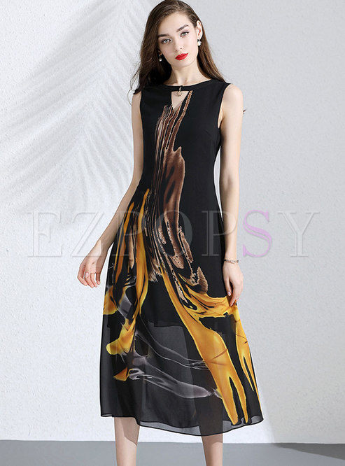 Print Sleeveless Hollow Out Tie-waist Skater Dress