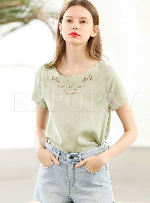 Casual Pure Color O-neck Hollow Out T-shirt