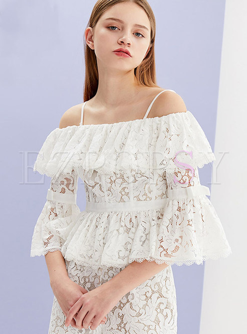 Tops | Blouses | Hollow Out Lace Slash Neck Flare Sleeve Top