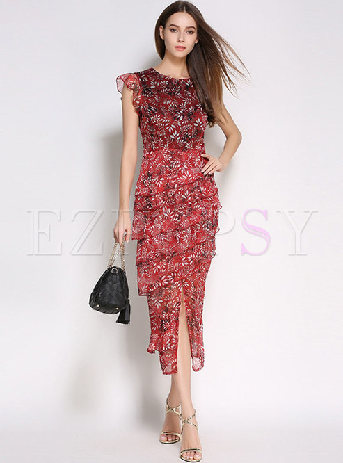 Dresses | Bodycon Dresses | Stylish Floral Print Falbala Split Bodycon ...