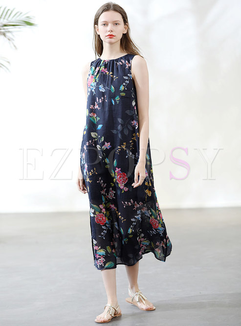 Stylish Print Sleeveless Loose Maxi Dress