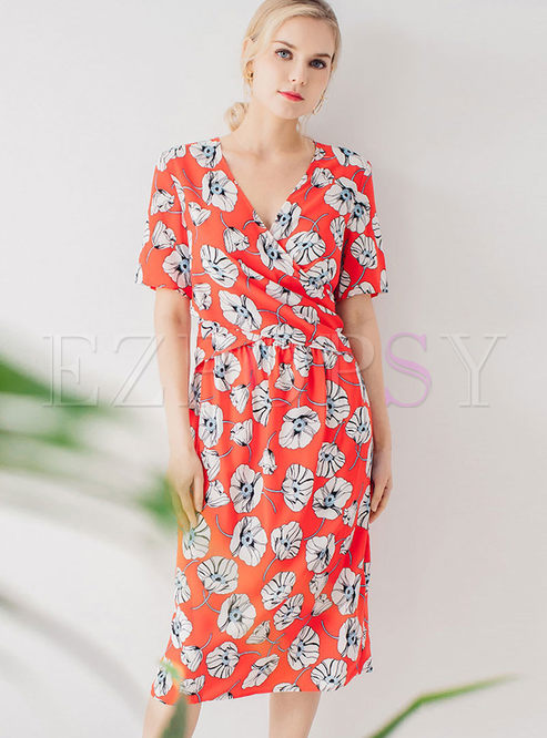 V-neck Short Sleeve Print Waist Slim Dress