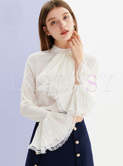 Tops | Blouses | Brief Lace Splicing Flare Sleeve Court Blouse