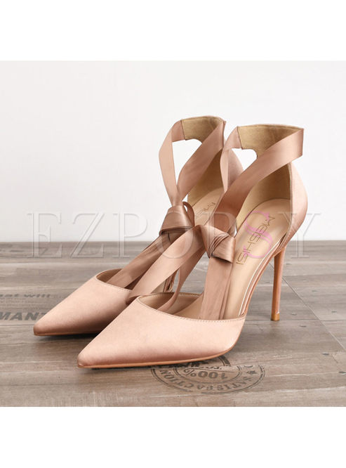 Stylish Pointed Head Satin Tied High Heel Shoes