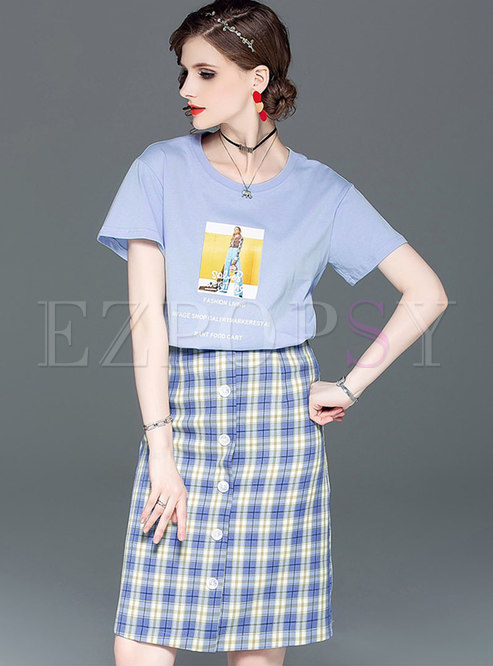 Stylish Print O-neck T-shirt & Plaid Bodycon Skirt