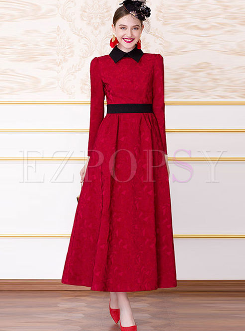Elegant Lapel Long Sleeve High Waist Maxi Dress